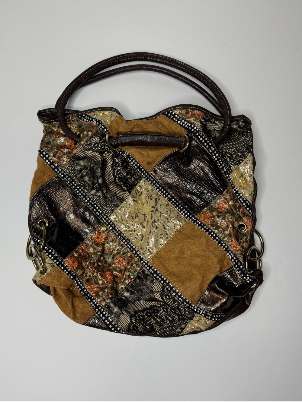 Chateau Patchwork Boho Shoulder Bag Lace Faux Leather Studded Purse